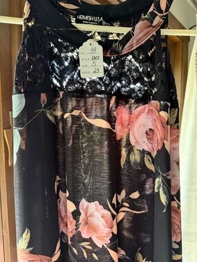 HEIMISH USA Black Dress with Pink Rose Floral Print and Lace Bodice New w/ tag